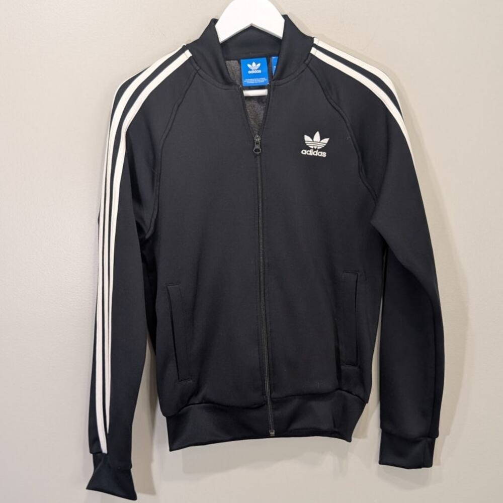 Adidas Track Jacket Black White Tricot Classic Full Zip Trefoil Pockets - Size S